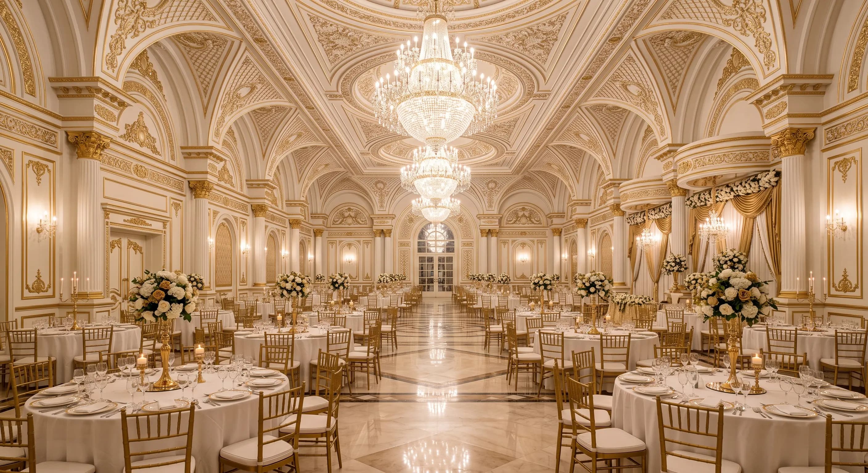 Grand banquet hall with chandeliers at Fiora Event Complex