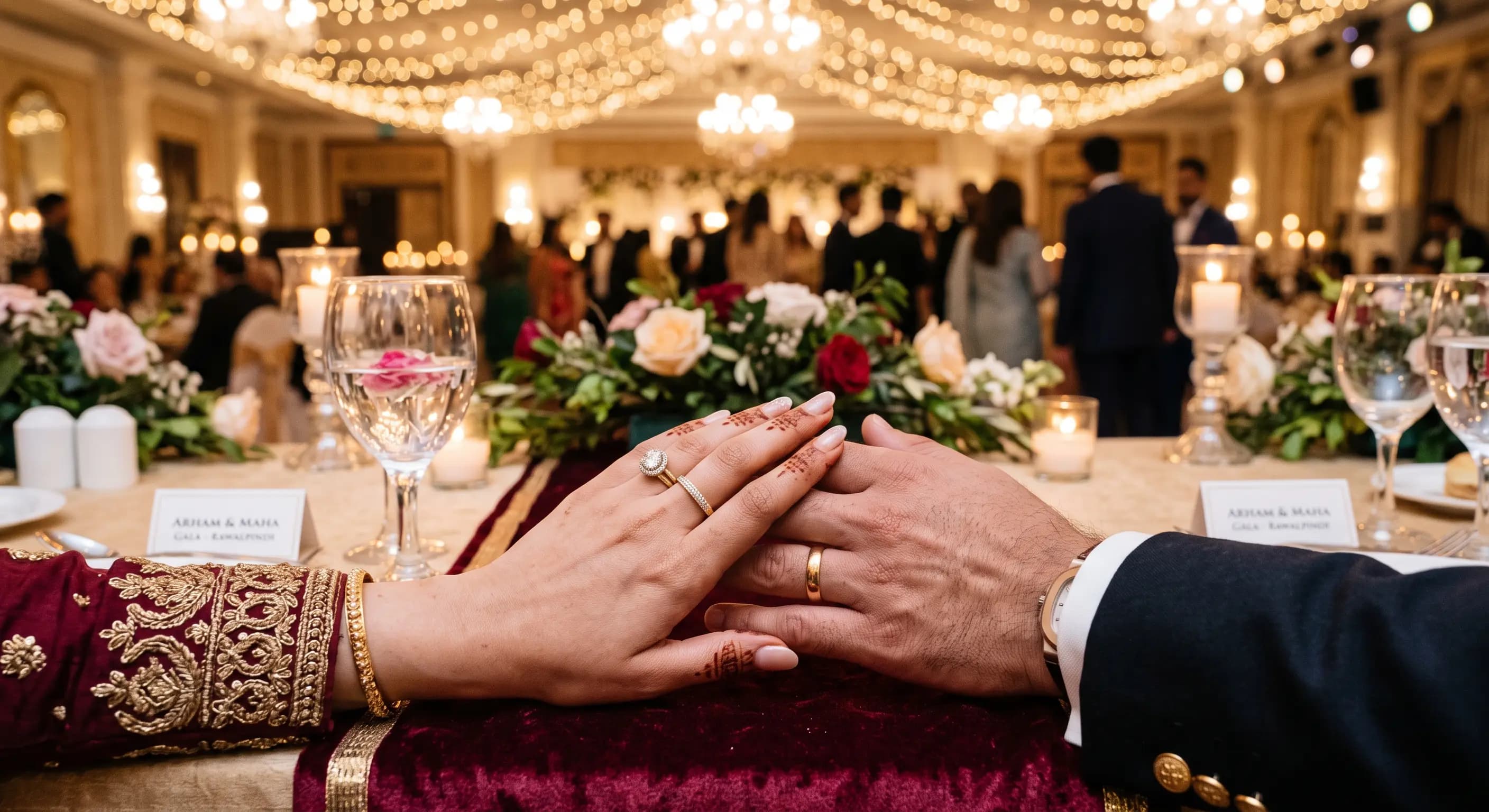 Close-up of hands with wedding rings at an executive gala