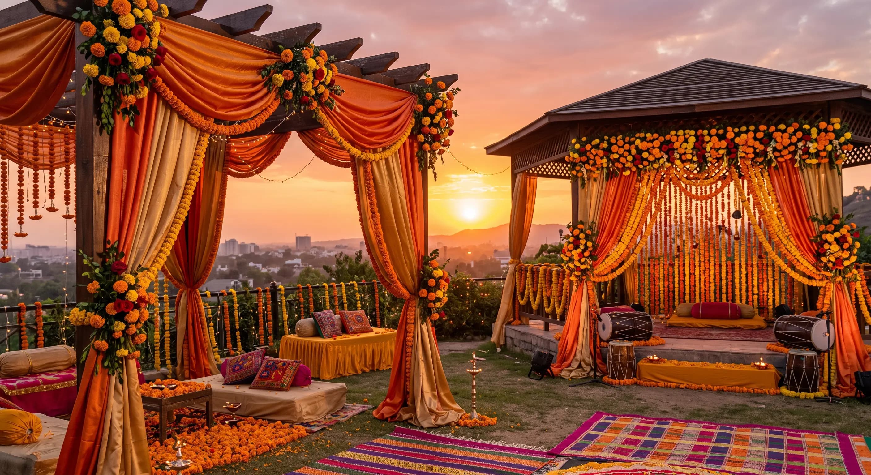 Mehndi event drapes and decor at sunset