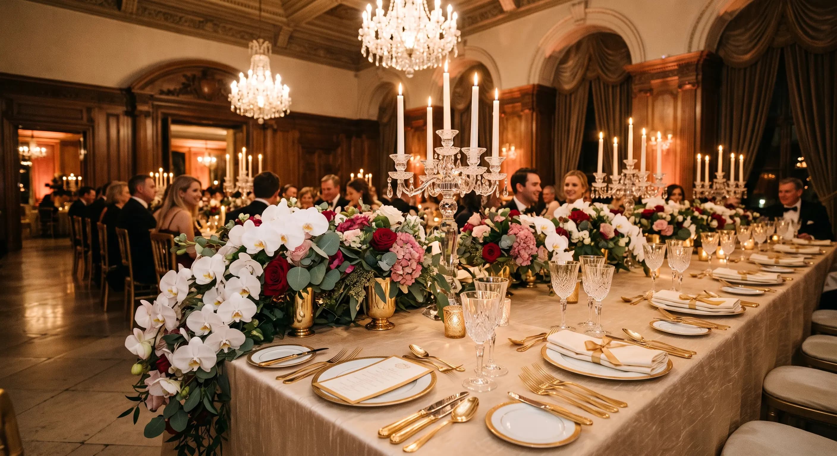 Royal banquet table setting with floral centerpieces