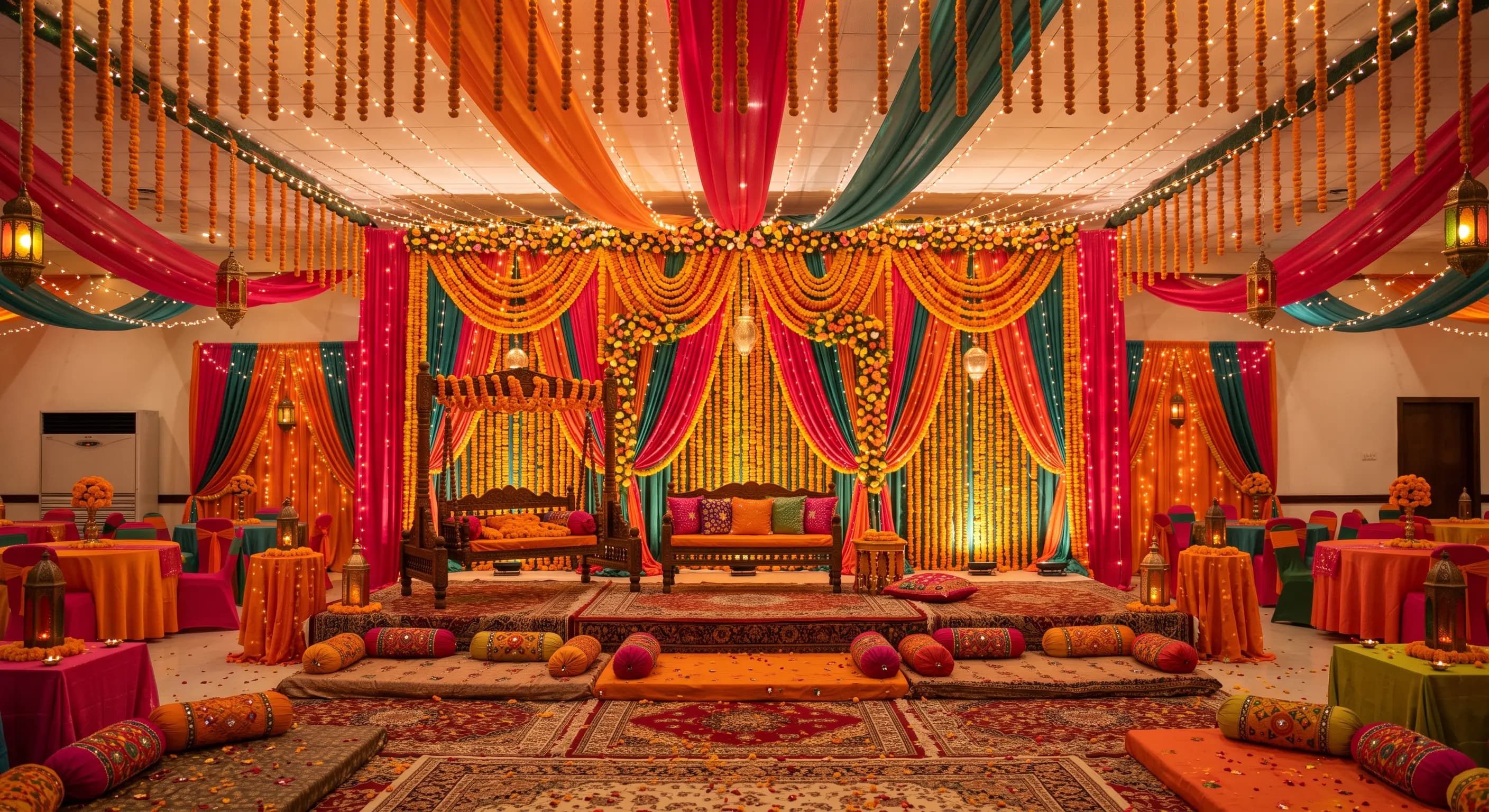 Mehndi event decoration with marigold garlands and drapes