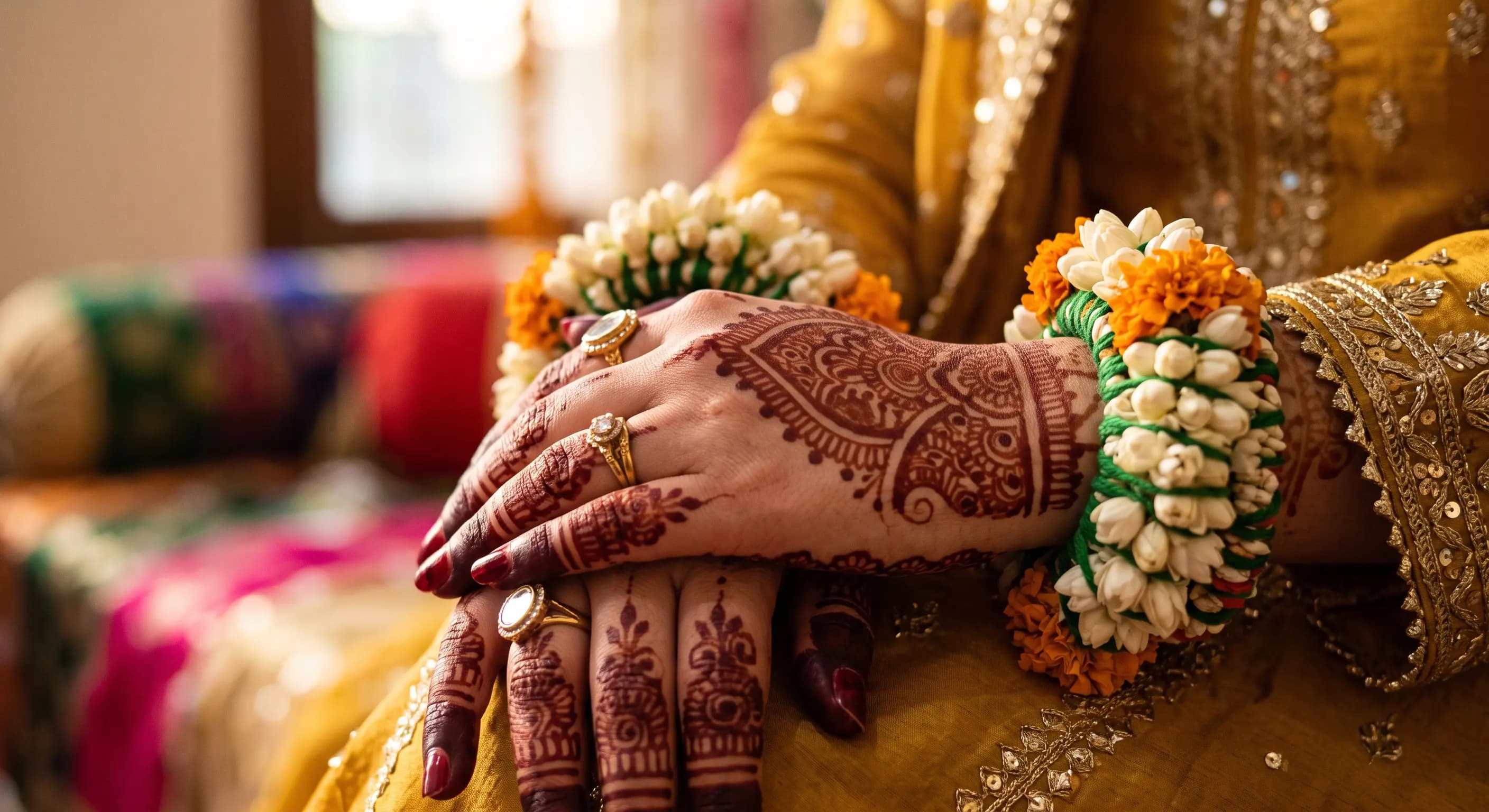 Bride with traditional henna and gajra flowers