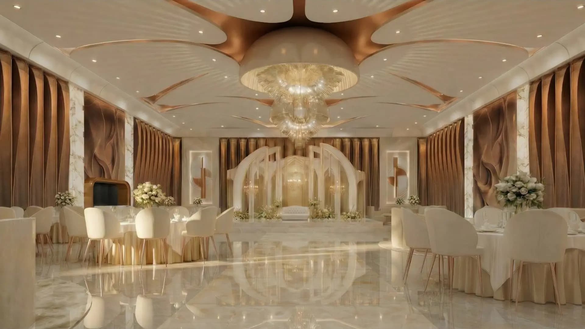 Elegant banquet hall set up for a wedding event at Fiora Event Complex