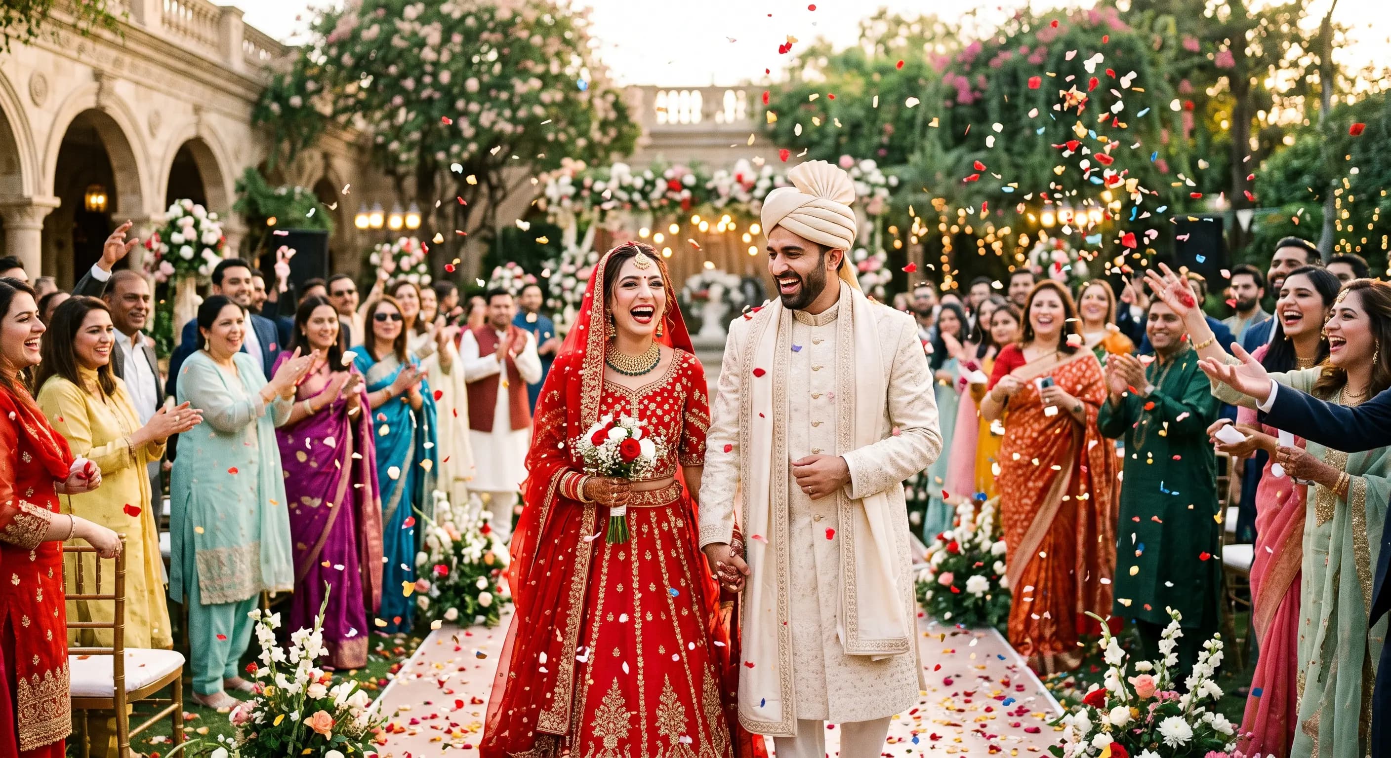 Newlywed couple celebrating with confetti at Fiora Event Complex