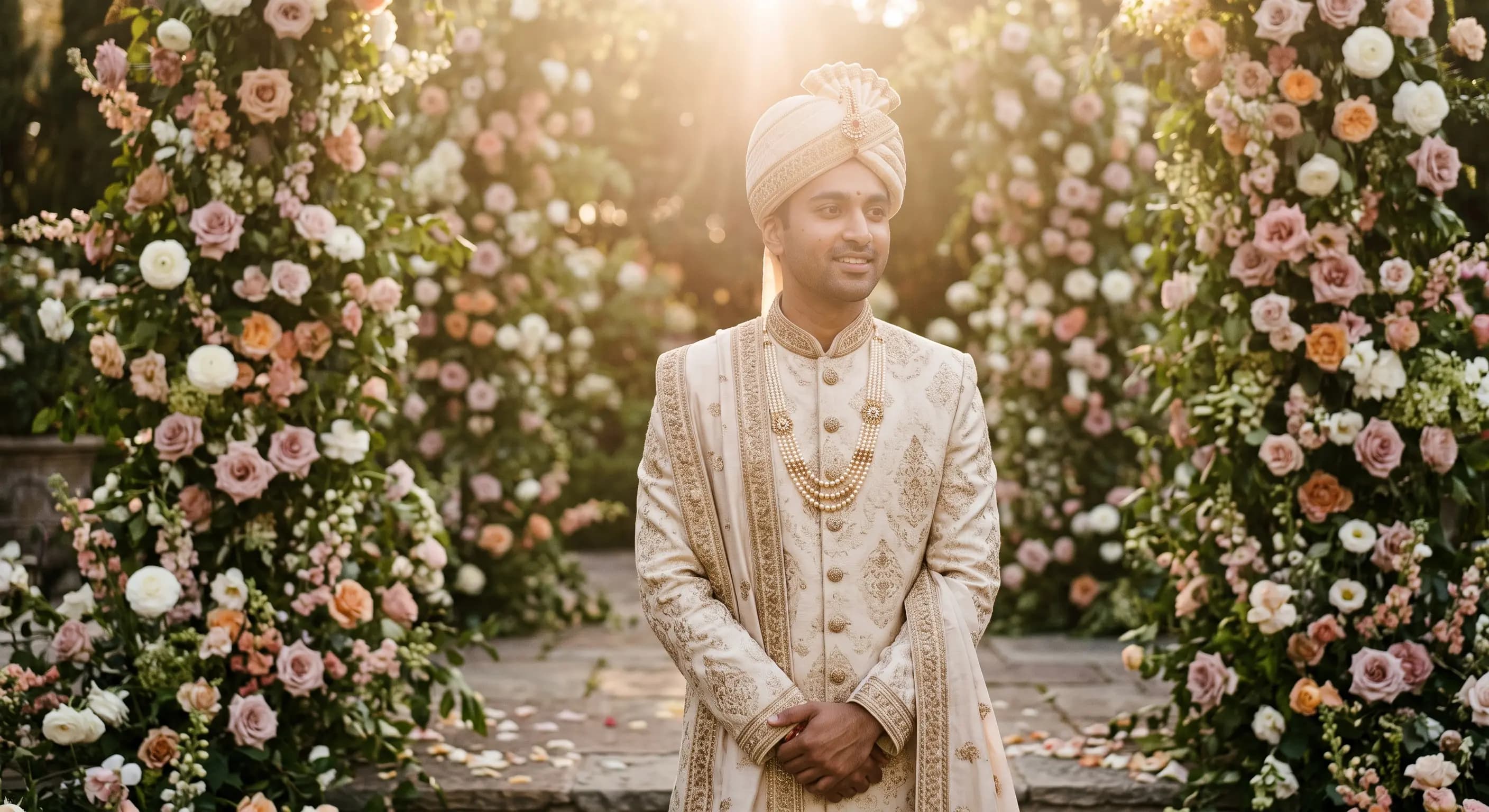 Groom's wedding attire with sunlit floral backdrop at Fiora Event Complex
