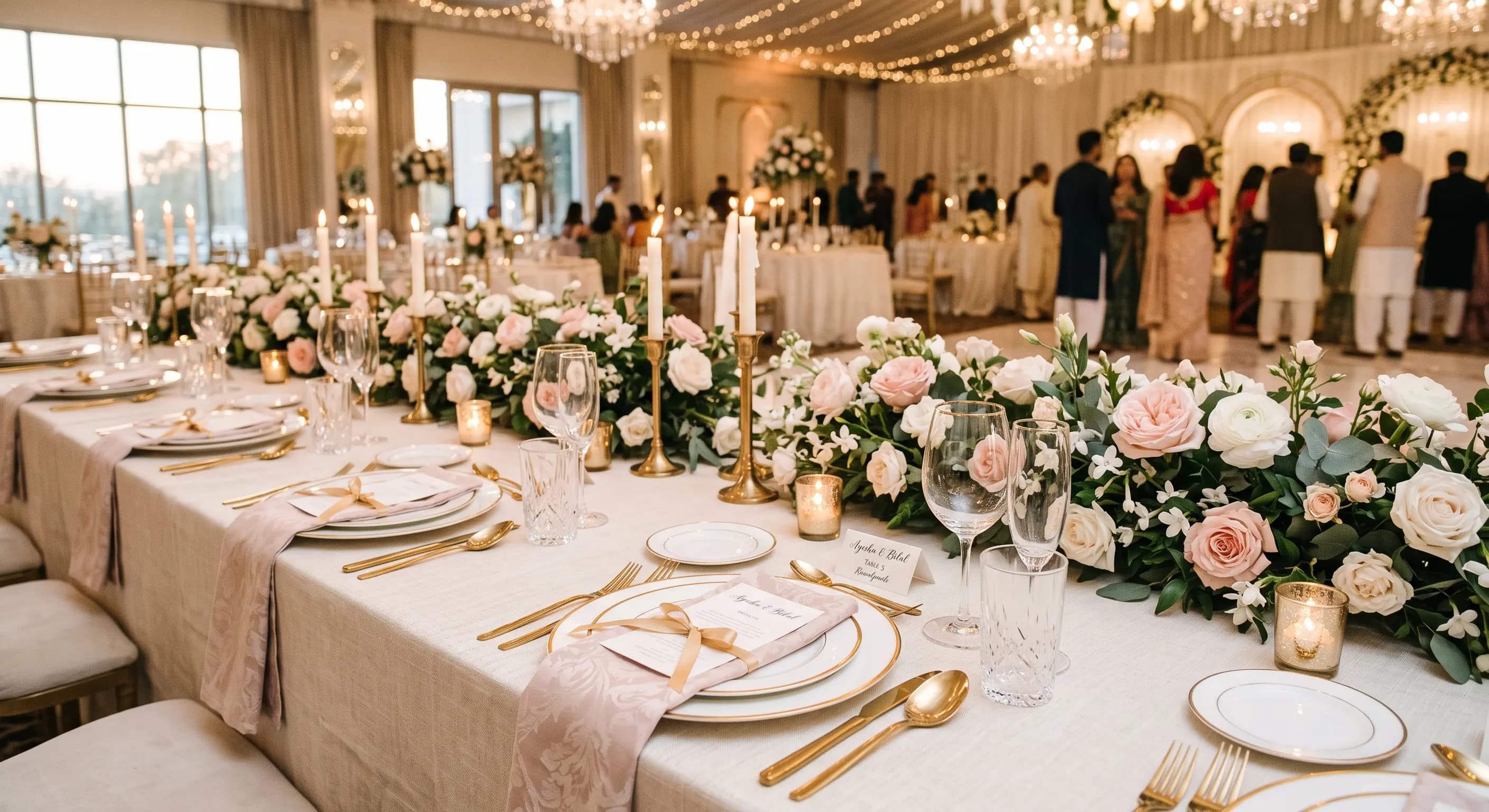 Wedding reception table setting with fresh florals at Fiora Event Complex